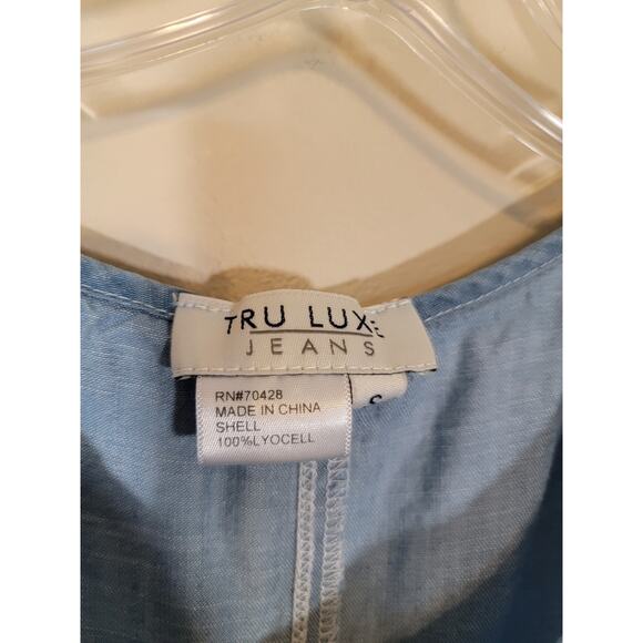 Tru Luxe Jeans Women Chambray Tunic Top Fringe Short Sleeve V-Neck Blue Small - Picture 4 of 9